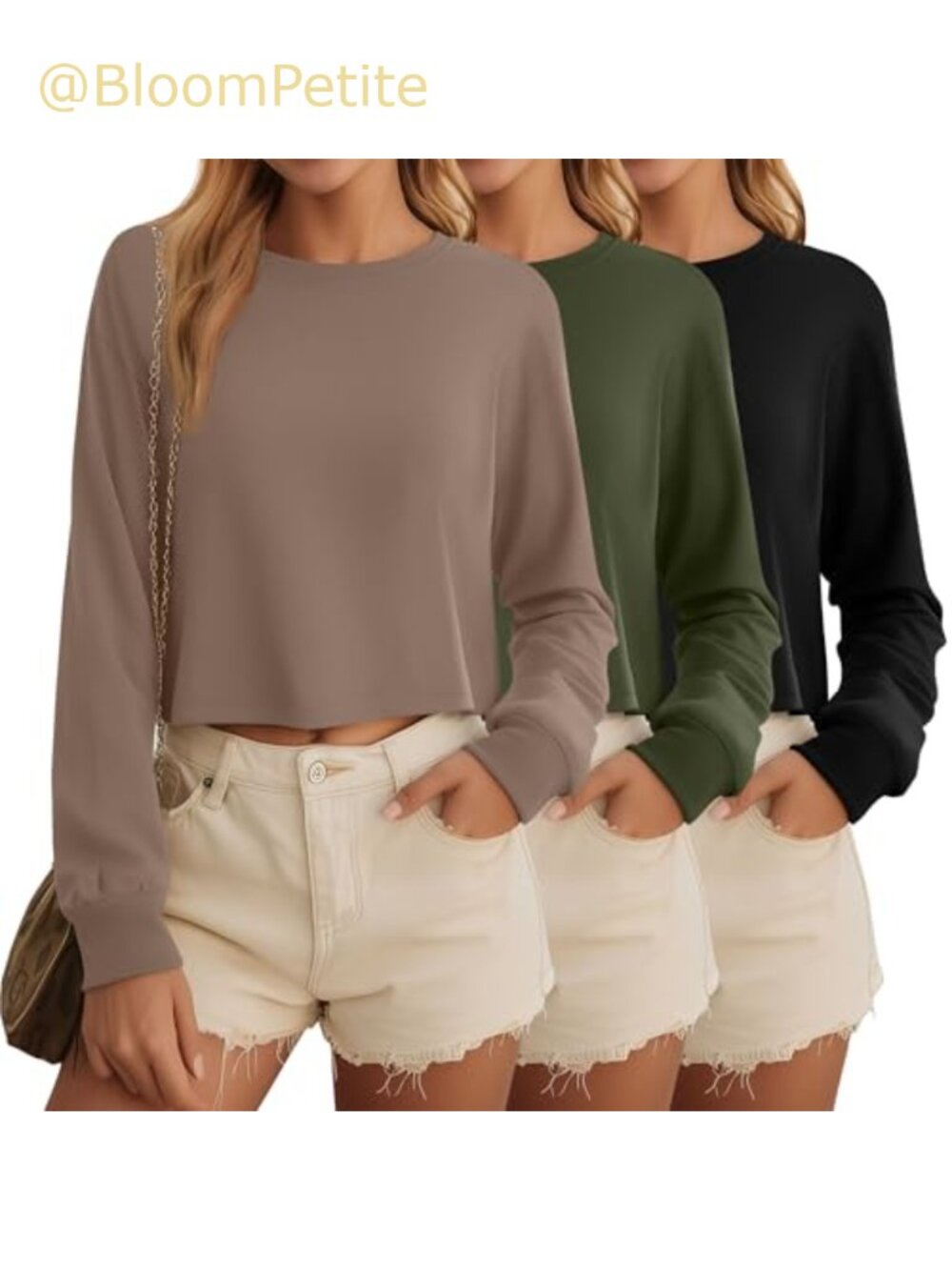 3 Pack Womens Long Sleeve Cropped Tops Cotton Stretch Loose Fit Crew Neck